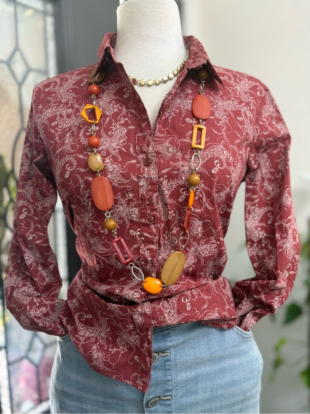 Garnet Hill Paisley Deep Brick Red 100% Cotton Button-Up Blouse